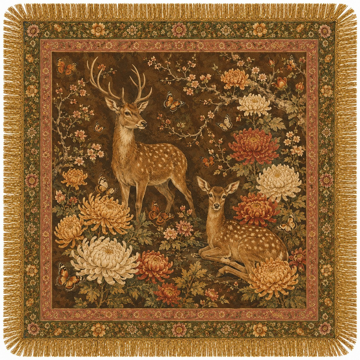 SATIN DEER PRINT FRINGE SCARF