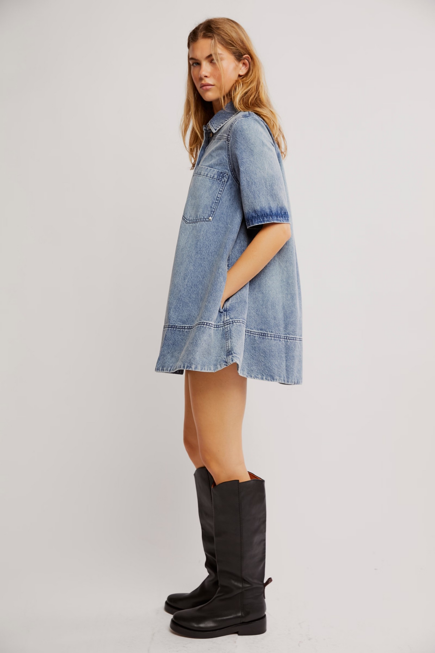FREE PEOPLE OCEAN BLUE REMINO DENIM MINI DRESS