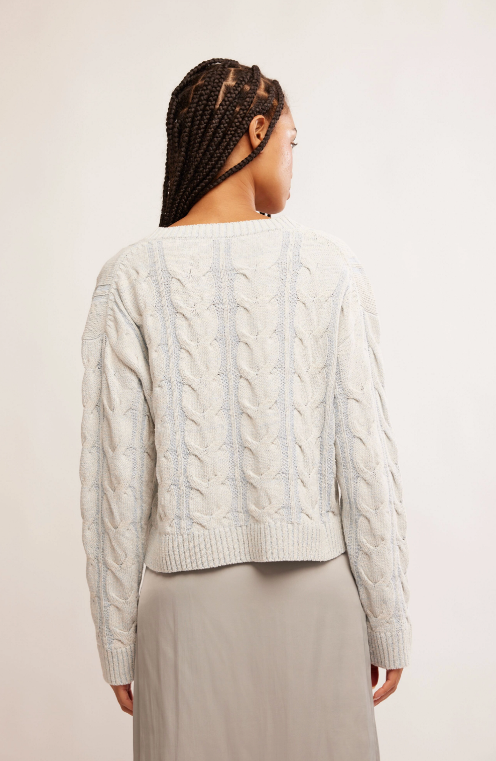 FREE PEOPLE PALE BLUE WASHED CABLE V NECK