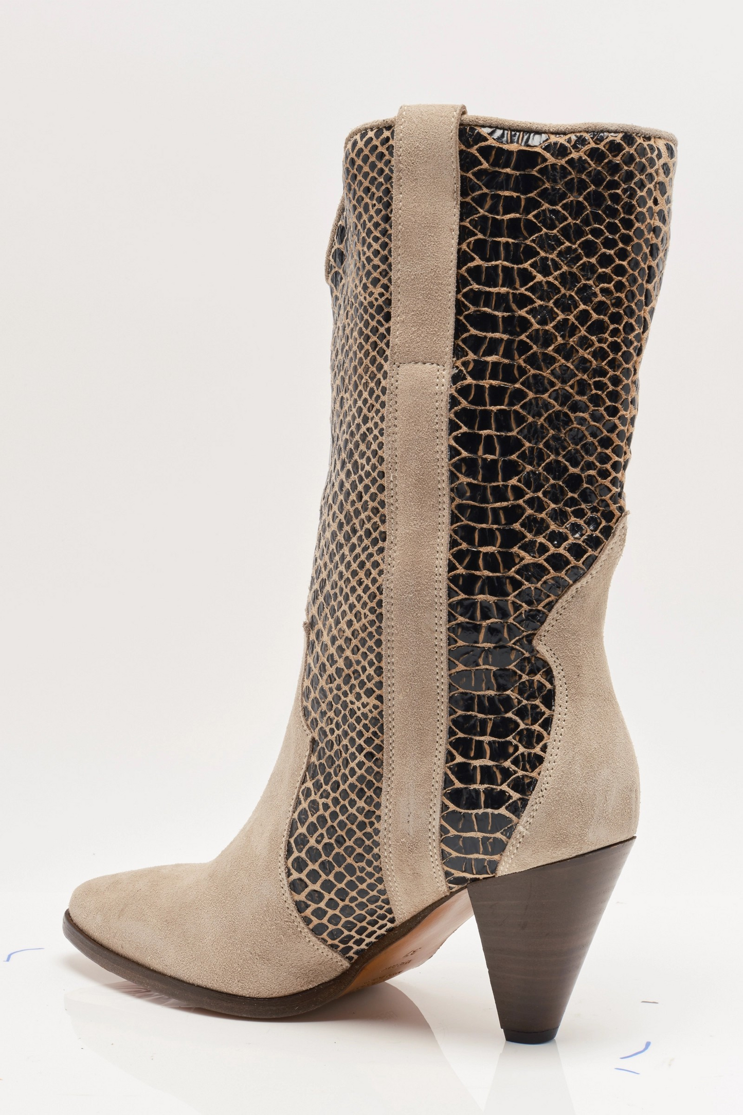BEIGE SUEDE/SNAKESKIN FEATHER HEEL BOOT