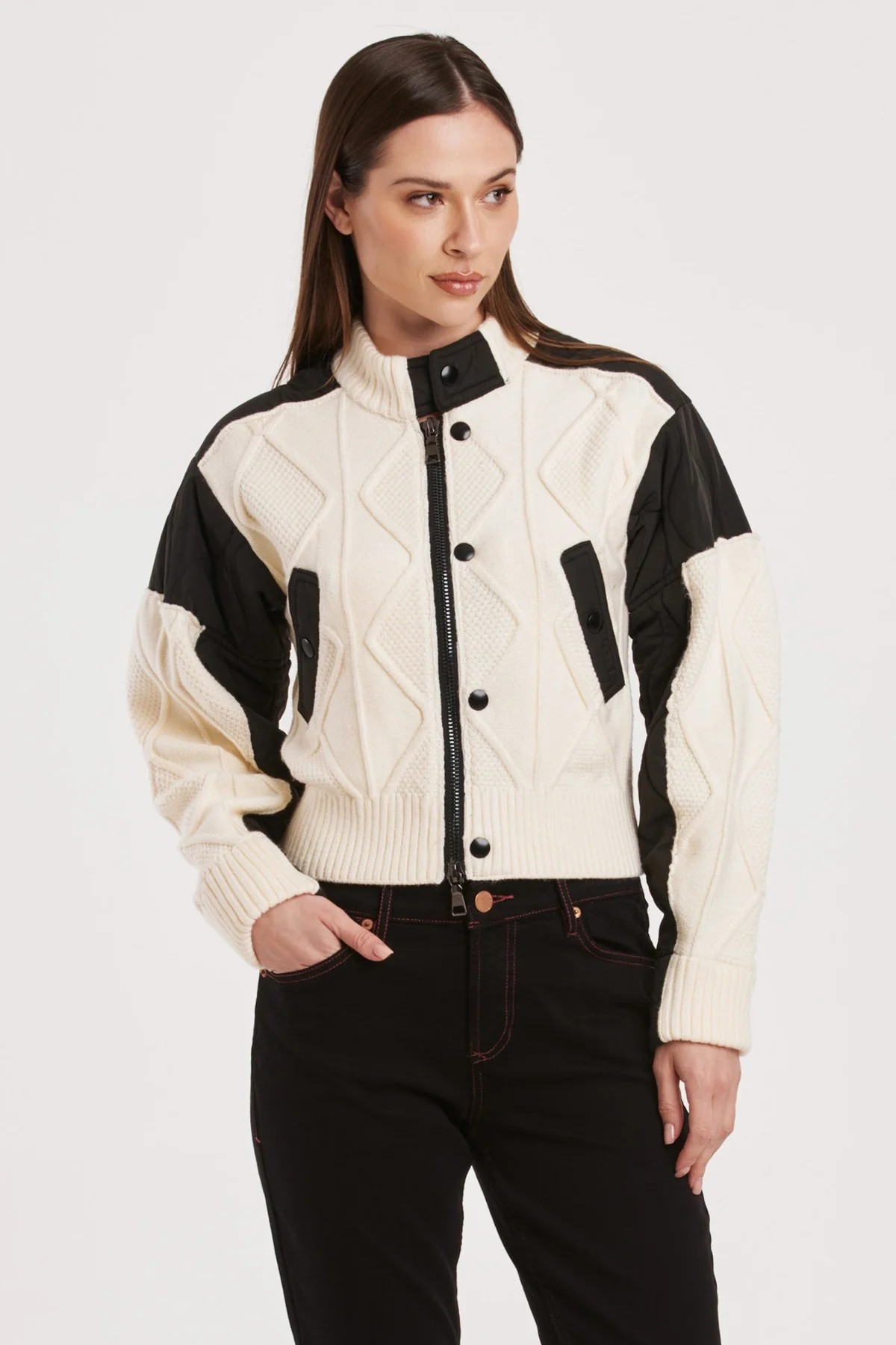 ANOTHER LOVE SHURI CABLE KNIT QUILTED JACKET