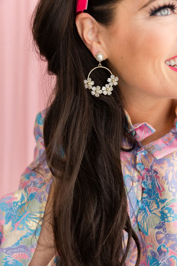 BRIANNA CANNON WHITE PEARL FLOWER DROP HOOP EARRINGS
