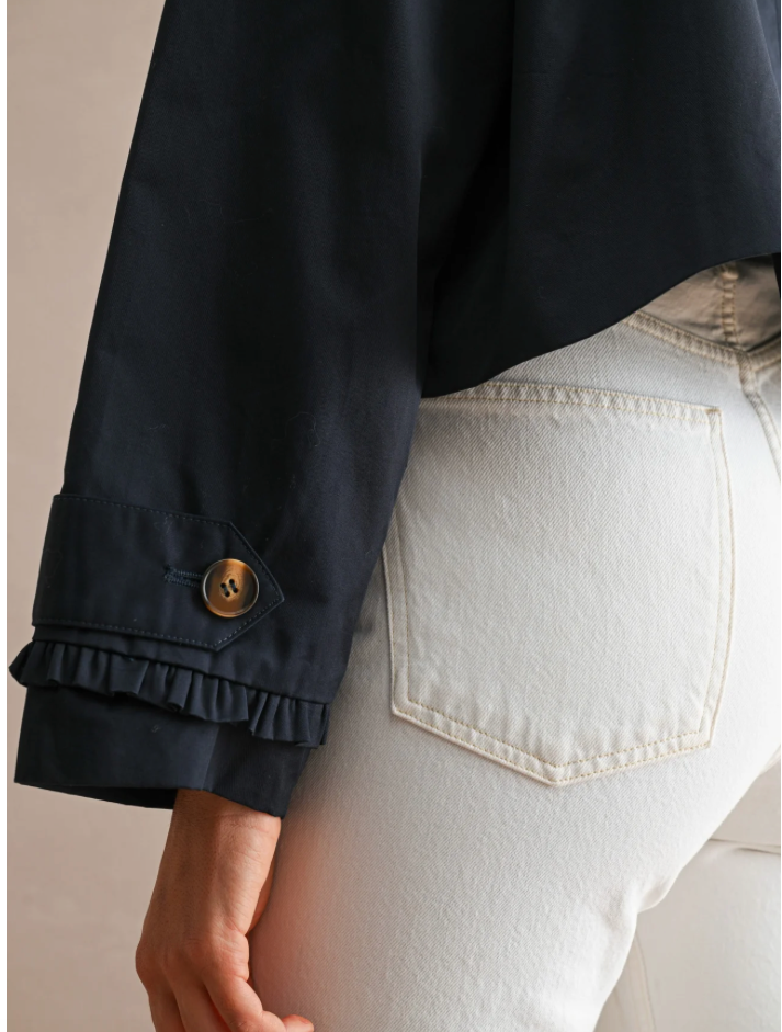 RUFFLE TRIM CROPPED TRENCH JACKET