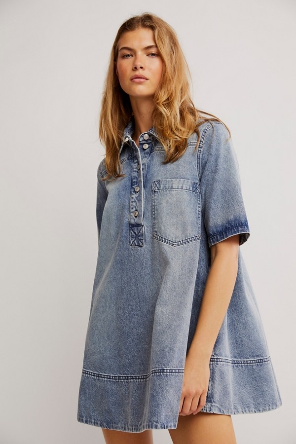 FREE PEOPLE OCEAN BLUE REMINO DENIM MINI DRESS