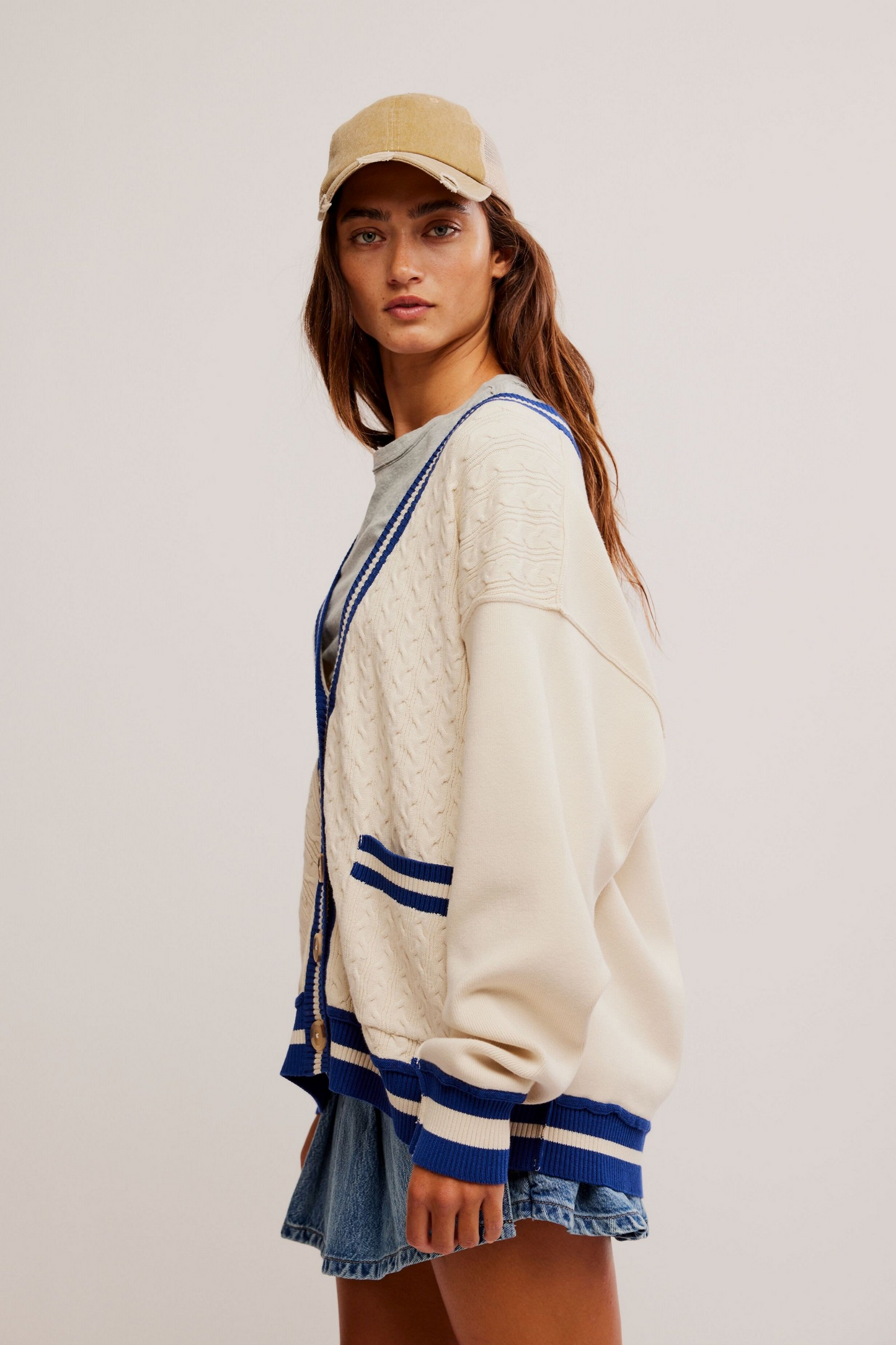 FREE PEOPLE ECRU VARSITY CARDI