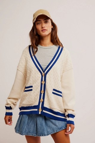 FREE PEOPLE ECRU VARSITY CARDI