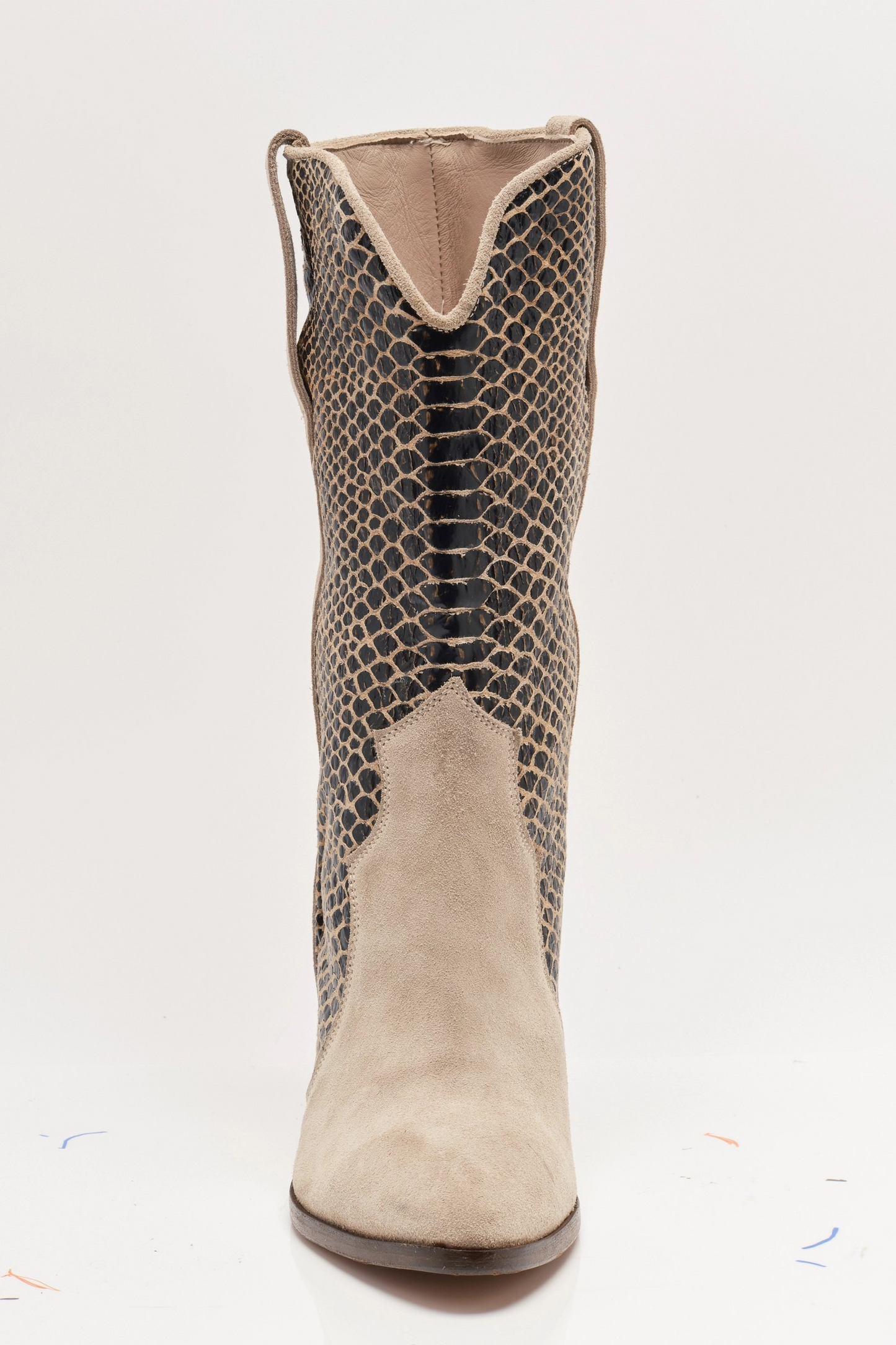 BEIGE SUEDE/SNAKESKIN FEATHER HEEL BOOT