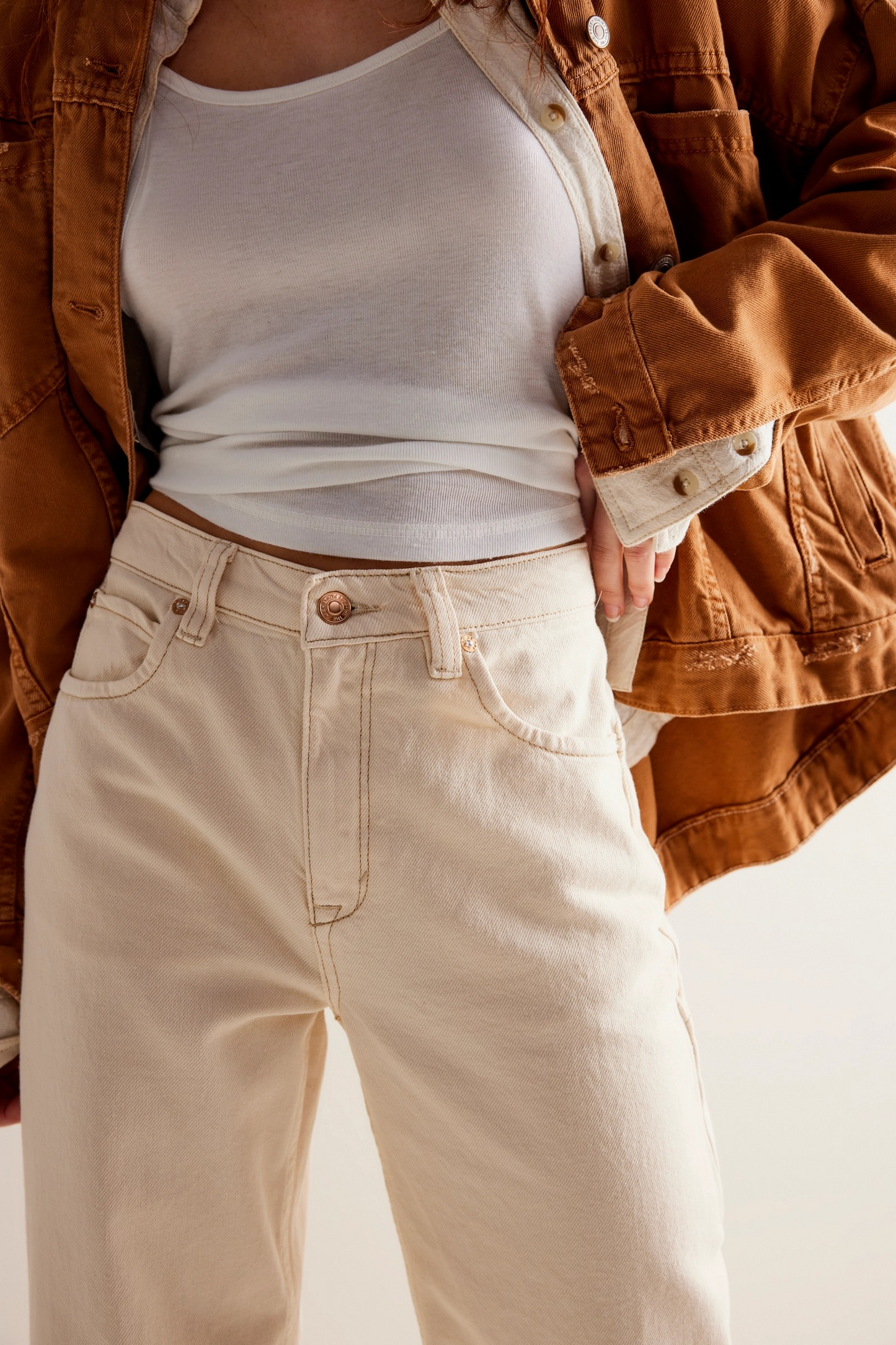 FREE PEOPLE ECRU TINSLEY BAGGY HIGH RISE JEANS