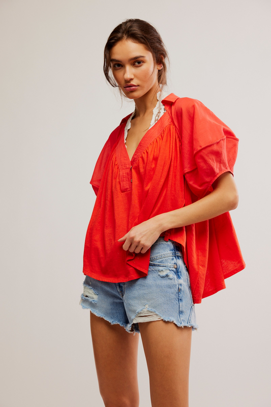 FREE PEOPLE FIERY RED SUNRAY BABYDOLL TOP