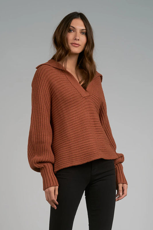 ELAN BROWN OPEN V-NECK SWEATER