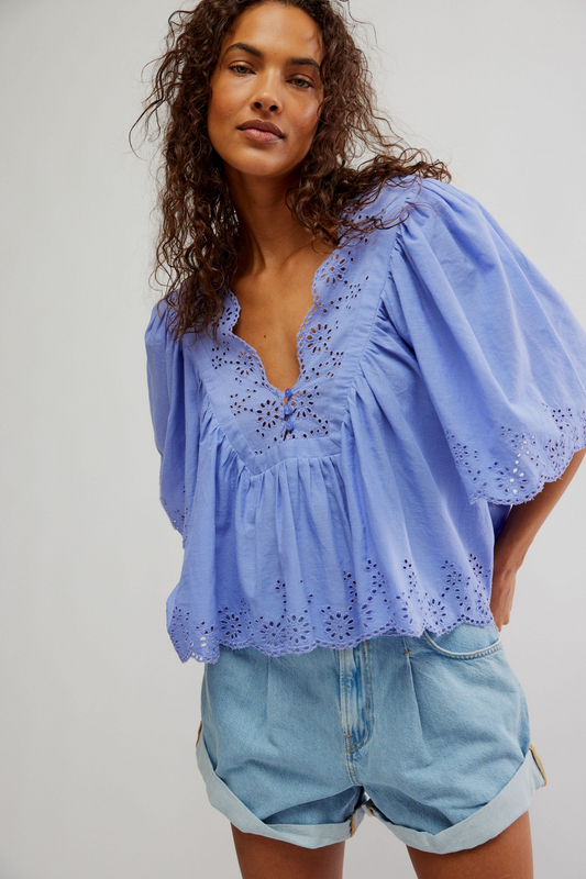 FREE PEOPLE PERIWINKLE COSTA EYELET TOP