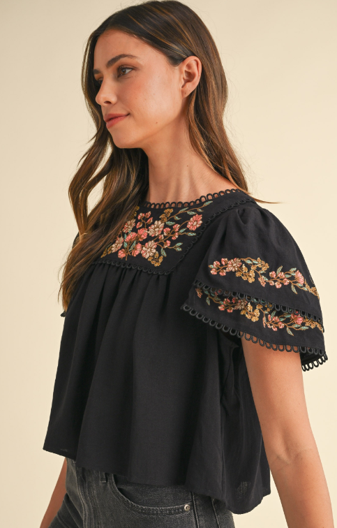 MABLE BLACK FLORAL EMBROIDERED RUFFLE SLEEVE TOP