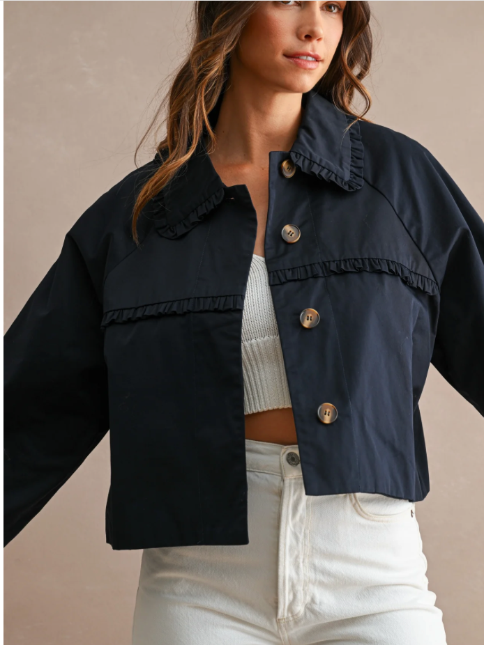 RUFFLE TRIM CROPPED TRENCH JACKET