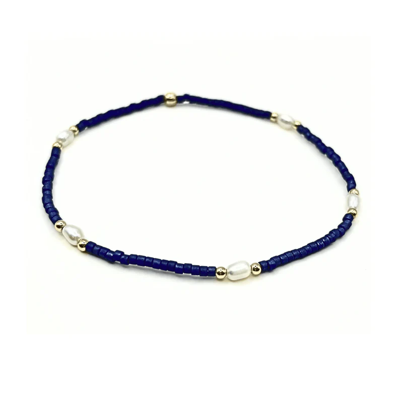 ERIN GRAY GAME DAY GOLD-FILLED & NATURAL RICE PEARLS WATERPROOF BRACELET -NAVY