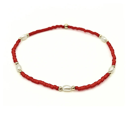 ERIN GRAY GAME DAY GOLD-FILLED & NATURAL RICE PEARLS WATERPROOF BRACELET - RED