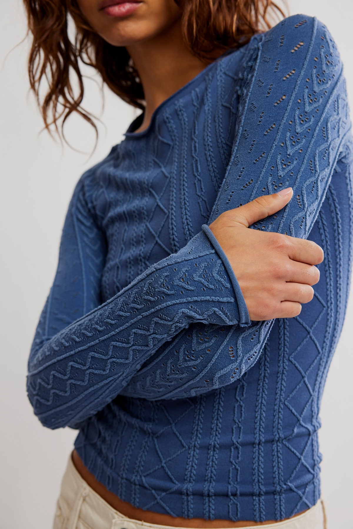 FREE PEOPLE VINTAGE INDIGO SO SOFT CABLE MODAL LONG SLEEVE