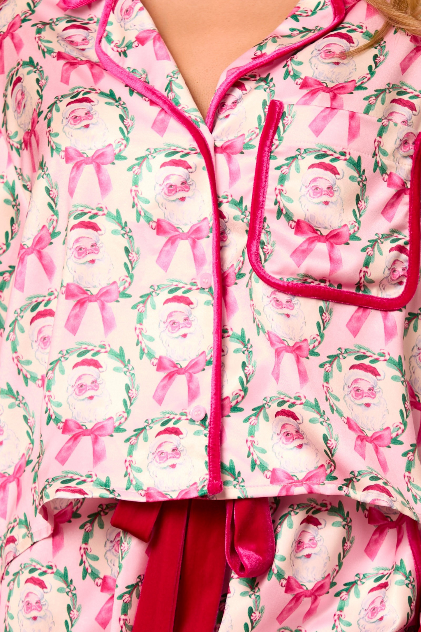 PEACH LOVE PINK/WHITE SATIN SANTA & BOW PAJAMAS