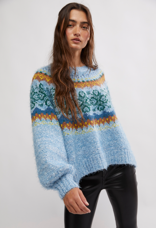 FREE PEOPLE ICE BLUE FESTIVE FROST SWEATER