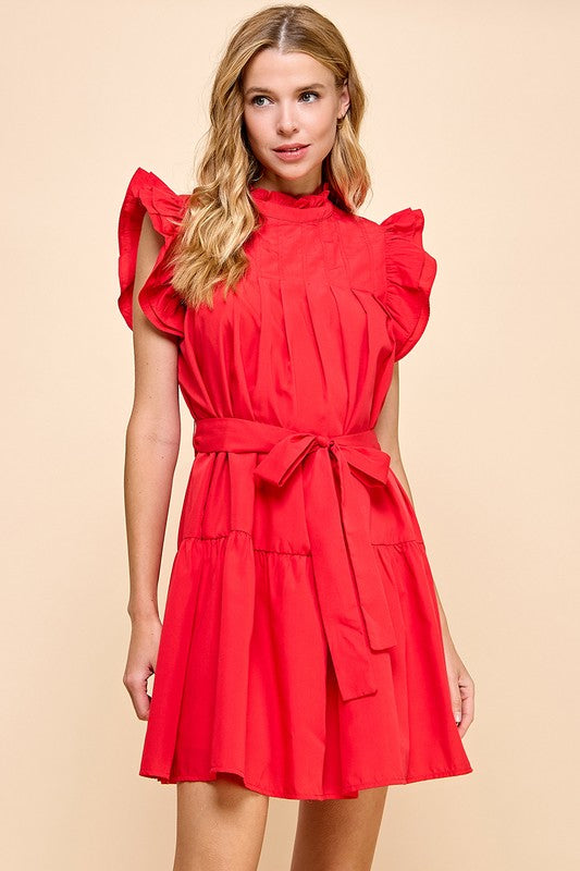 TCEC RED RUFFLE MOCK NECK PLEATED DRESS