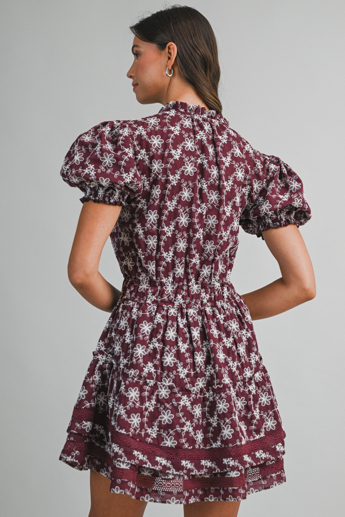 WINE EMBROIDERED LACE AND RUFFLE DRESS