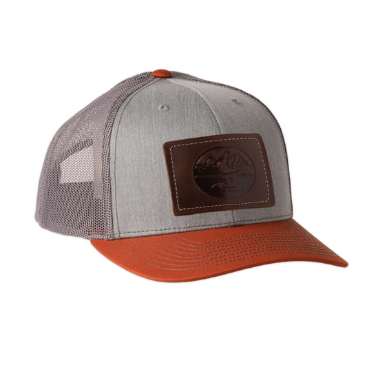 MADISON CREEK HEATHER GREY/ORANGE LEATHER PATCH TRUCKER HAT