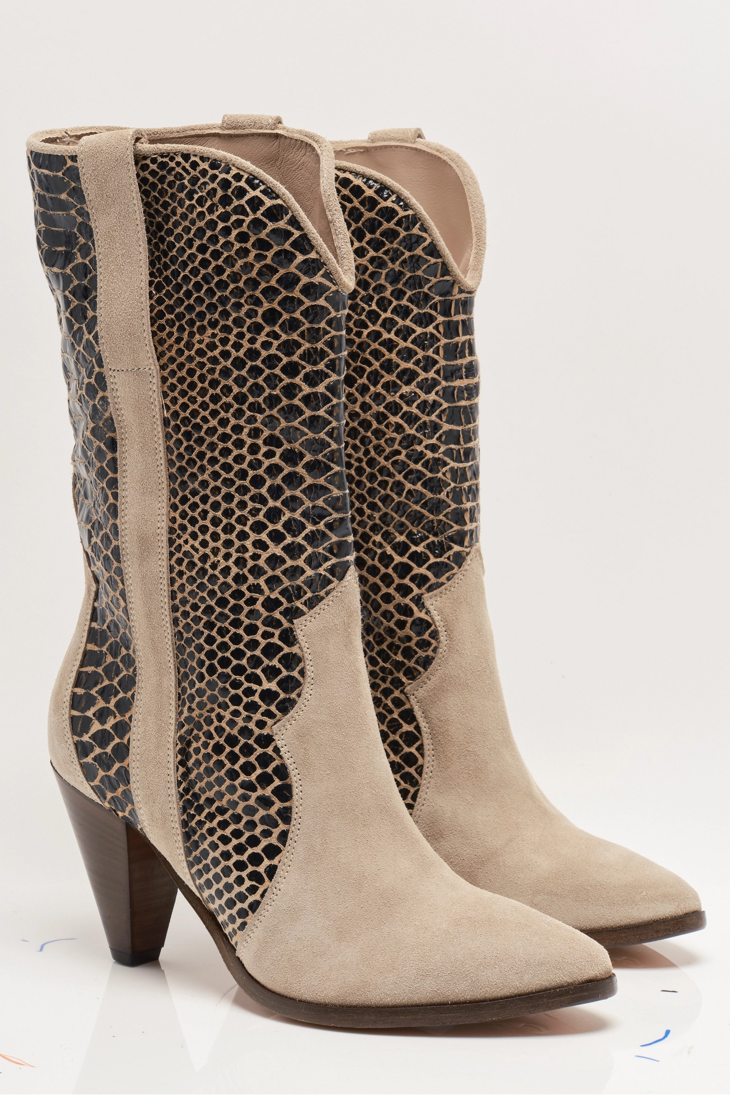 BEIGE SUEDE/SNAKESKIN FEATHER HEEL BOOT