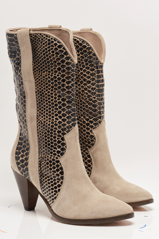 BEIGE SUEDE/SNAKESKIN FEATHER HEEL BOOT