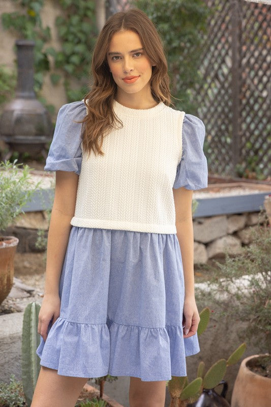 VOY IVORY AND DENIM TIERED DRESS