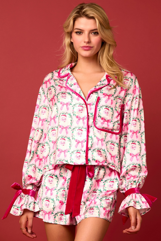 PEACH LOVE PINK/WHITE SATIN SANTA & BOW PAJAMAS