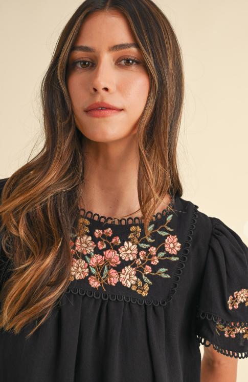 MABLE BLACK FLORAL EMBROIDERED RUFFLE SLEEVE TOP