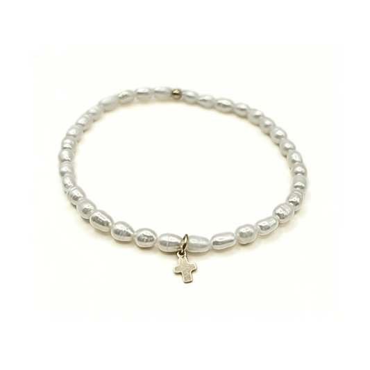 ERIN GRAY RICE PEARL WATERPROOF BRACELET WITH A GOLD-FILLED LUXE CROSS