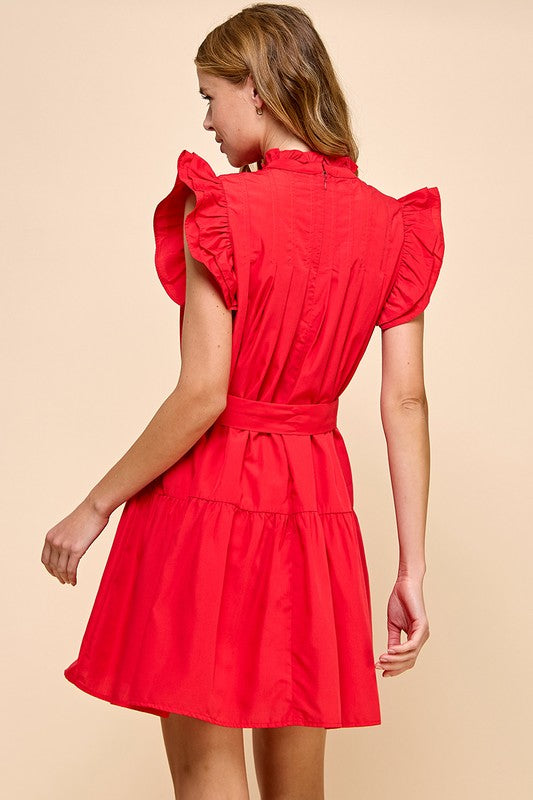 TCEC RED RUFFLE MOCK NECK PLEATED DRESS