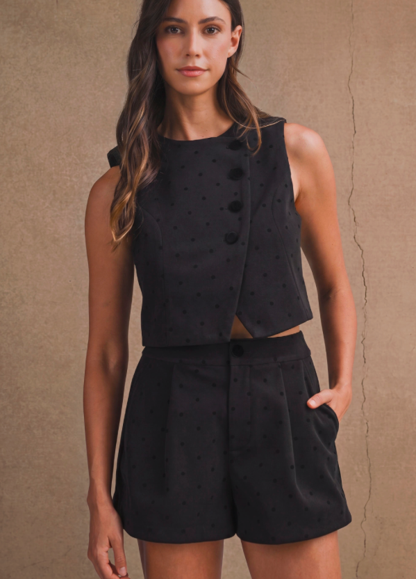CHARCOAL POLKA DOT VEST AND SHORTS SET