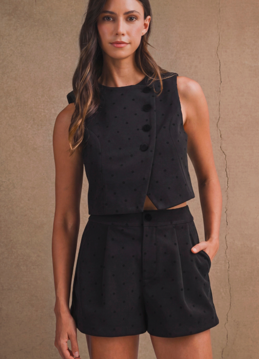 CHARCOAL POLKA DOT VEST AND SHORTS SET