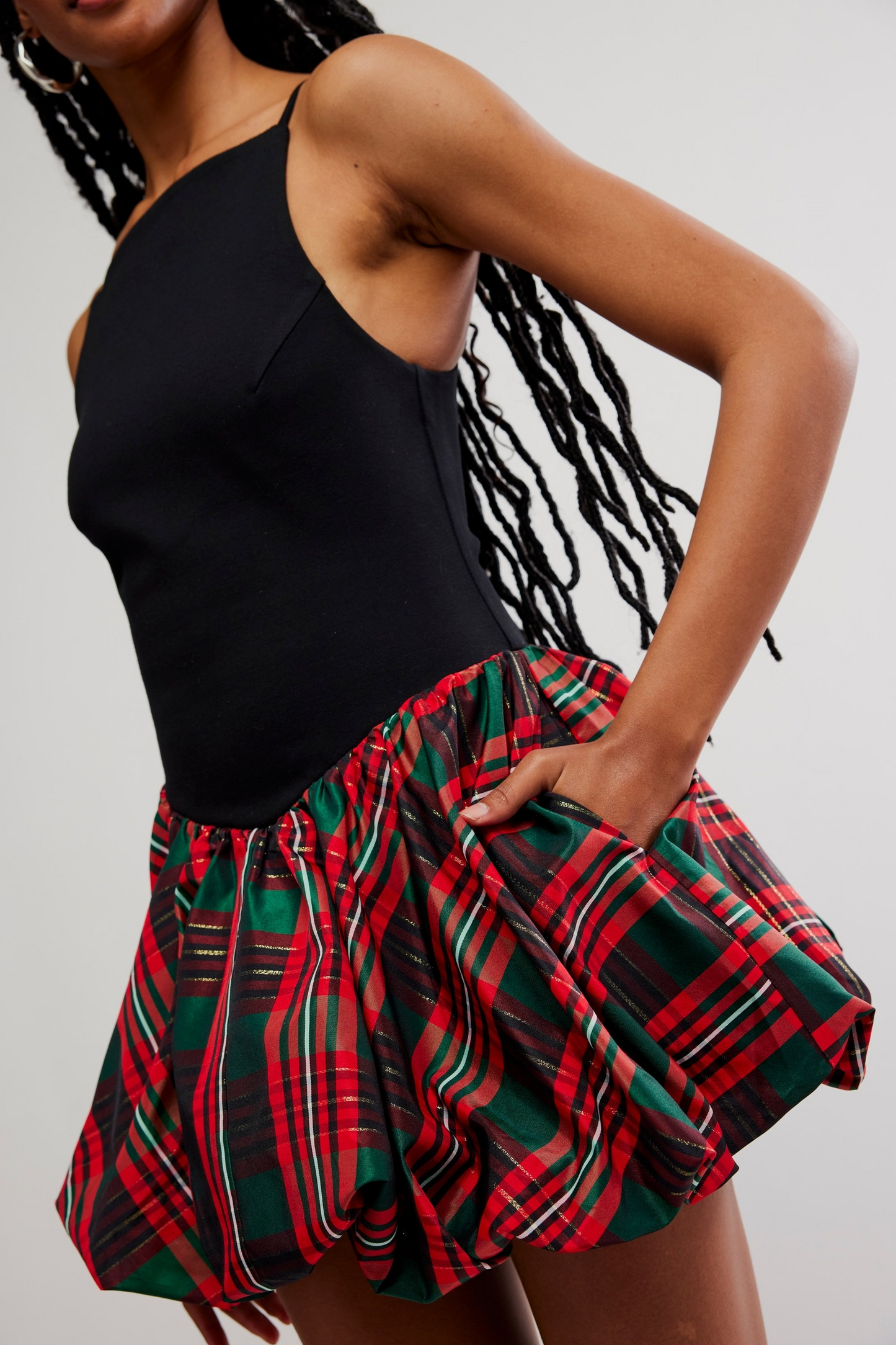 RED PLAID COMBO TINSEL KISS MINI DRESS