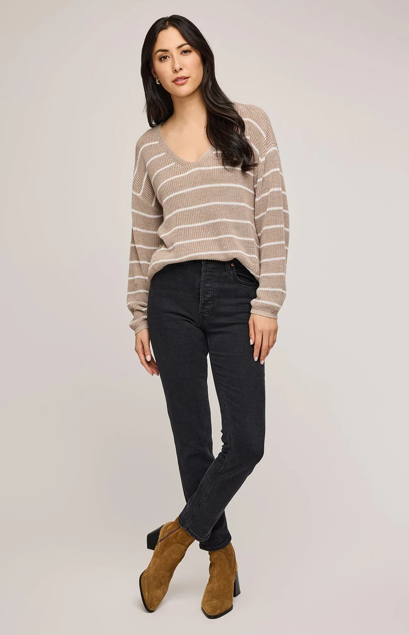 GENTLE FAWN HEATHER CASHEW STRIPE TUCKER SWEATER