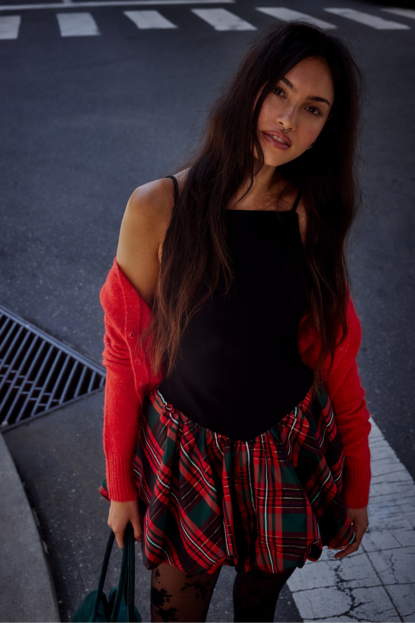 RED PLAID COMBO TINSEL KISS MINI DRESS