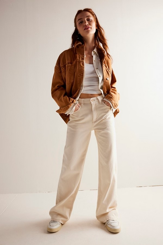 FREE PEOPLE ECRU TINSLEY BAGGY HIGH RISE JEANS