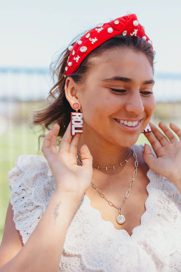 BRIANNA CANNON WHITE AND CRIMSON GLITTER ROLL TIDE EARRINGS