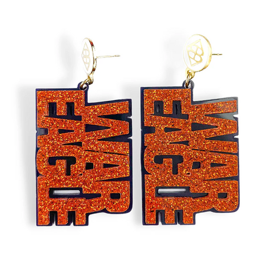 BRIANNA CANNON ORANGE GLITTER AND NAVY WAR EAGLE EARRING