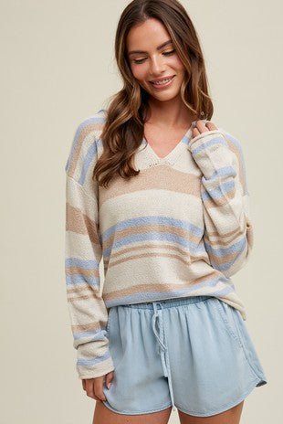 WISHLIST CREM/SKY STRIPED HOODED SWEATER