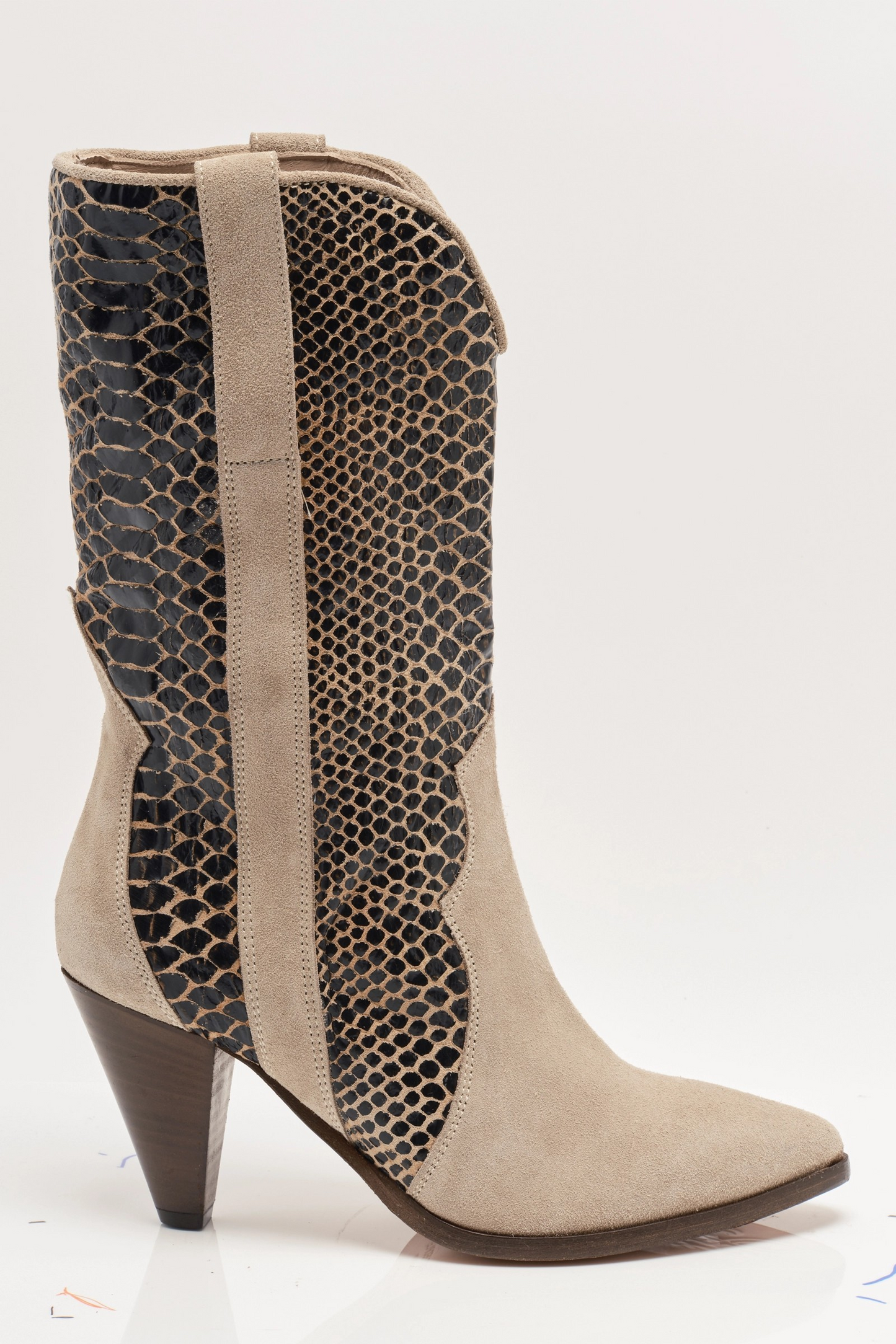 BEIGE SUEDE/SNAKESKIN FEATHER HEEL BOOT