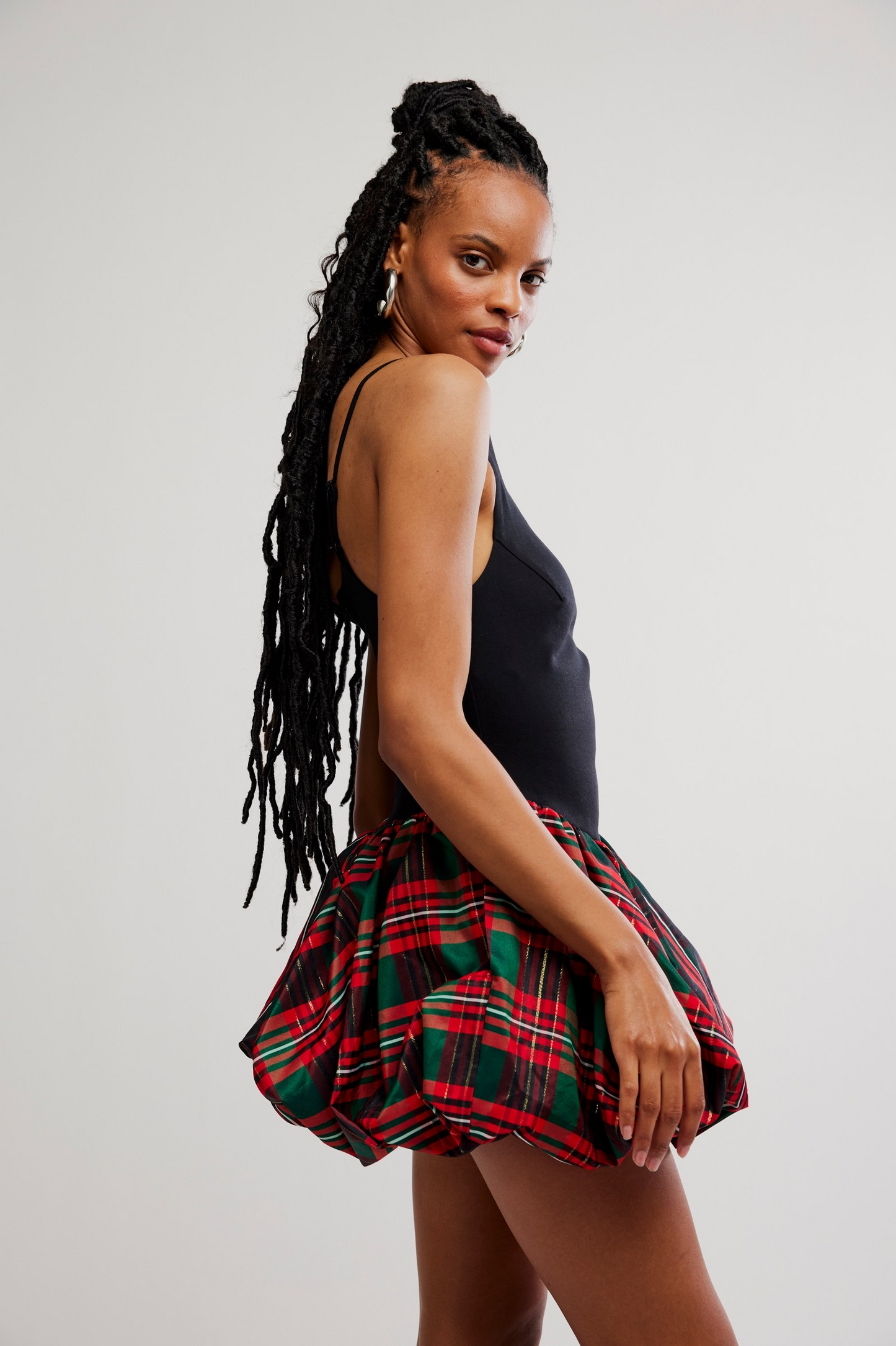 RED PLAID COMBO TINSEL KISS MINI DRESS