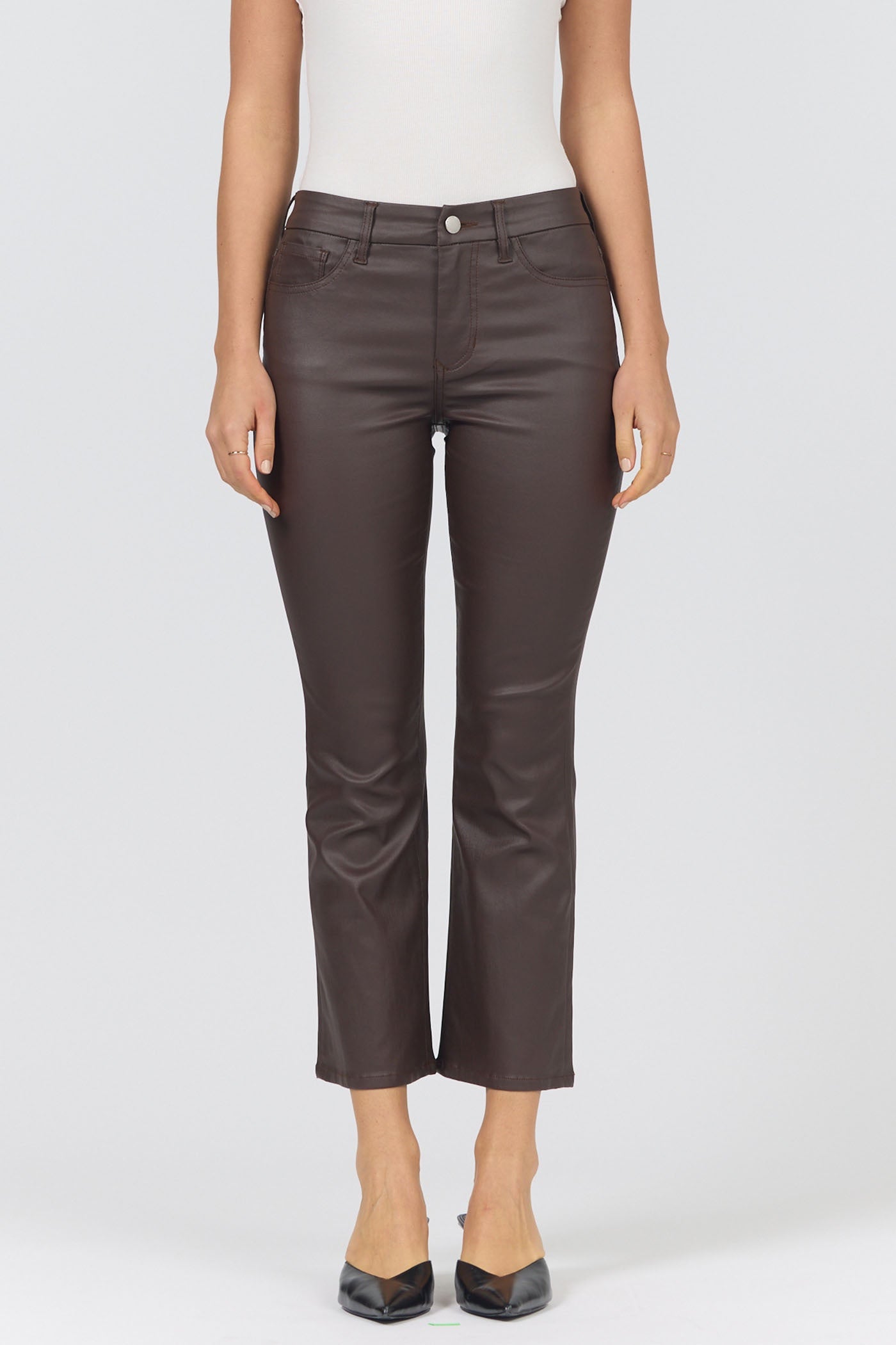 DEAR JOHN CAPPUCCINO JEANNE VEGAN LEATHER CROPPED FLARE JEANS