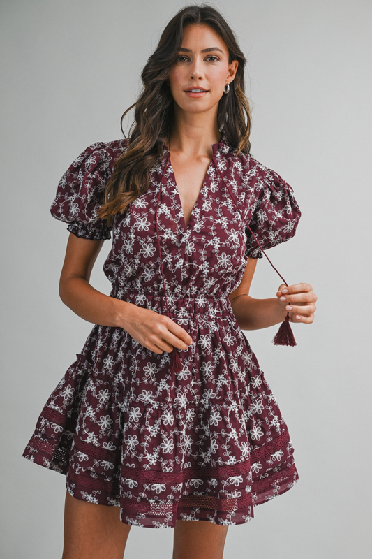 WINE EMBROIDERED LACE AND RUFFLE DRESS
