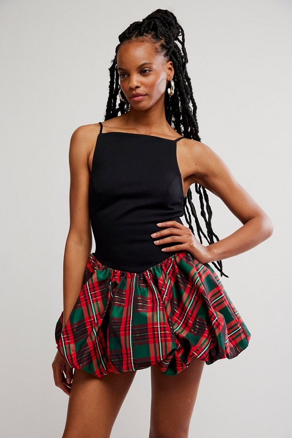 RED PLAID COMBO TINSEL KISS MINI DRESS