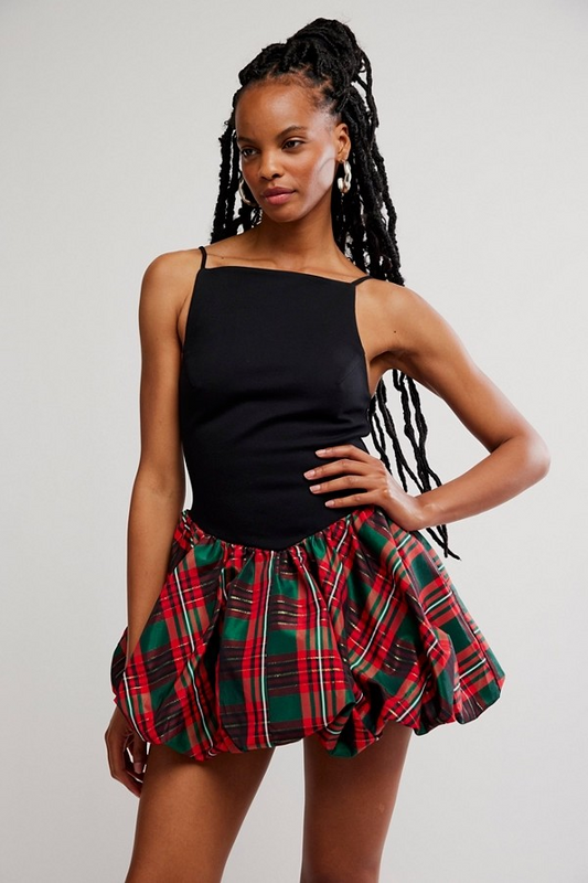 RED PLAID COMBO TINSEL KISS MINI DRESS