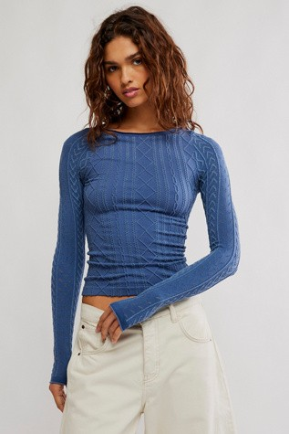 FREE PEOPLE VINTAGE INDIGO SO SOFT CABLE MODAL LONG SLEEVE