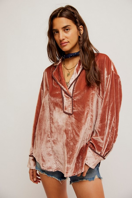 FREE PEOPLE CEDAR WOOD LUXY VELVET BLOUSE