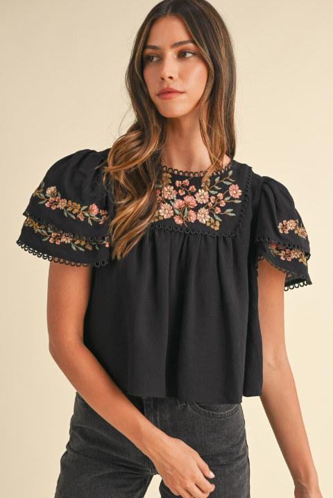 MABLE BLACK FLORAL EMBROIDERED RUFFLE SLEEVE TOP